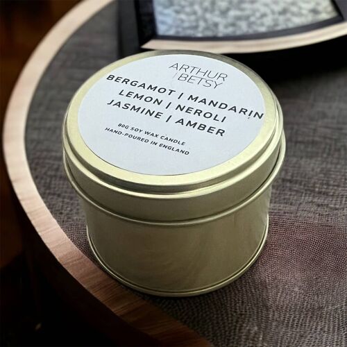 Bergamot, Mandarin Lemon, Neroli, scented soy wax tin candle