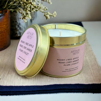 Grande bougie parfumée en cire de soja en boîte Pivoine, Pomme Rouge et Rose