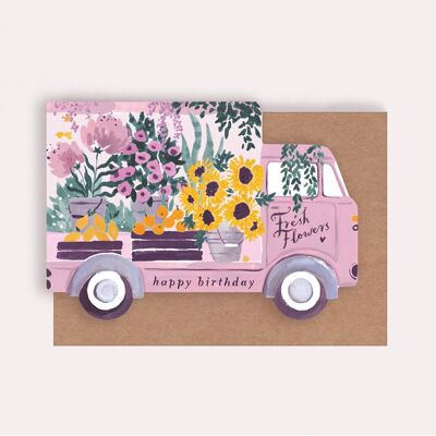 Tarjeta de cumpleaños del camión de flores | Tarjeta de cumpleaños femenina | Tarjeta de cumpleaños de mamá