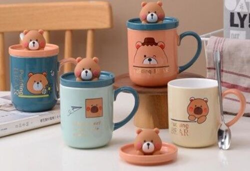 Ceramic mug with lid, teddy bears theme, earthy colors, in 4 designs DF-741