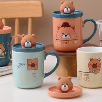 Ceramic mug with lid, teddy bears theme, earthy colors, in 4 designs DF-741