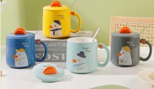 Ceramic mug with lid and spoon, duck theme, in 4 designs DF-742