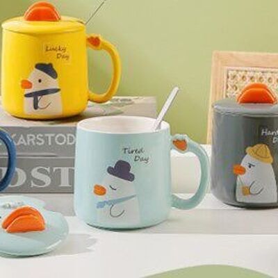 Ceramic mug with lid and spoon, duck theme, in 4 designs DF-742