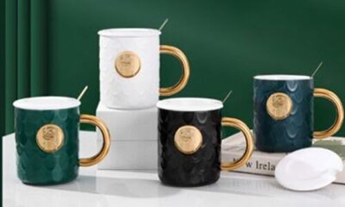 Ceramic mug with white lid and spoon, in 4 colors GREEN - WHITE - BLACK - BLUE DF-747