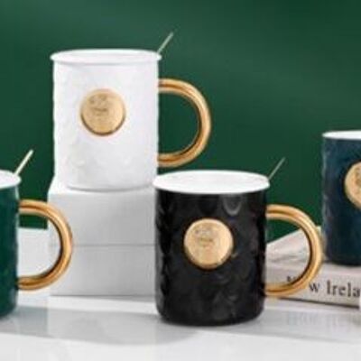 Ceramic mug with white lid and spoon, in 4 colors GREEN - WHITE - BLACK - BLUE DF-747