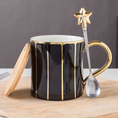 Ceramic mug with wooden lid and spoon,  in black. DF-749