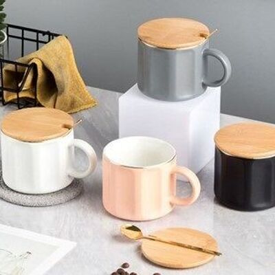 Taza de cerámica con tapa y cuchara de madera, en 4 colores. NEGRO - ROSA - BLANCO - GRIS DF-750