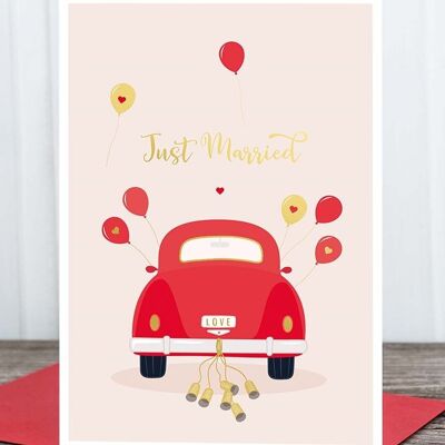 Biglietto pieghevole mega: Just Married, macchina, metallico