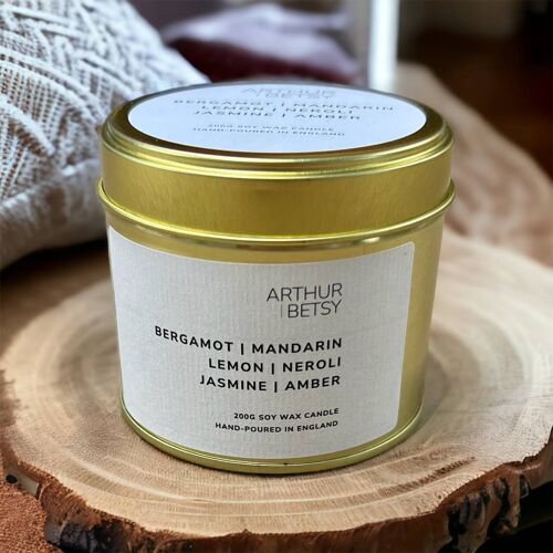 Large scented soy wax tin candle Bergamot, Mandarin Neroli