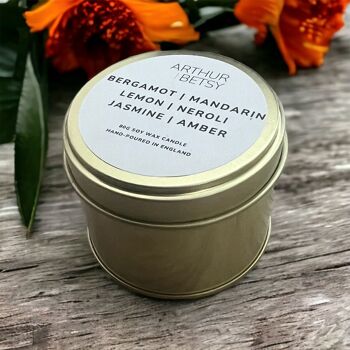 Grande bougie parfumée en boîte de cire de soja Bergamote, Mandarine Néroli 4