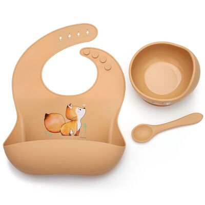 Silicone set bib + bowl + fox spoon