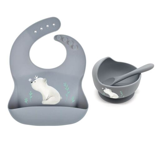 Set en silicone bavoir + bol + cuillère ourson