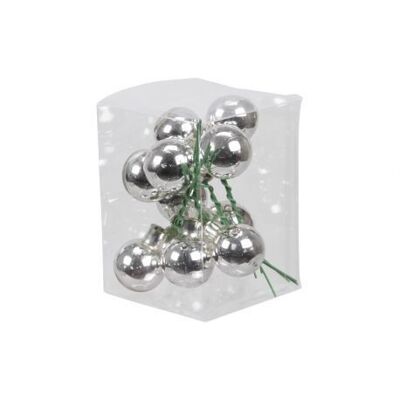 Bolas navideñas 25 mm plateadas brillantes sobre alambre x 12 piezas - Decoración navideña