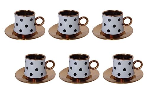 Set of 6 ceramic cups white with black dots and gold plates in a gift box DF-651A