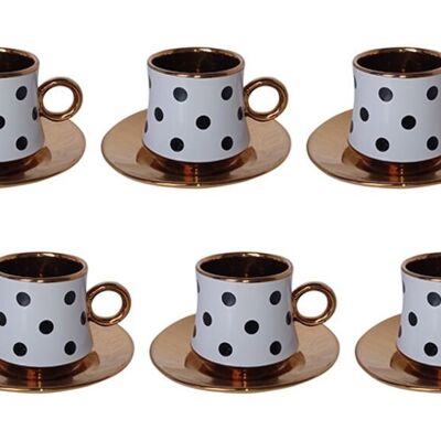 Set di 6 tazze in ceramica bianca con pois neri e piatti dorati in confezione regalo DF-651A