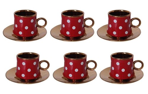 Set of 6 ceramic cups red with white dots and gold plates in a gift box DF-651B