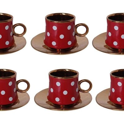 Set di 6 tazze in ceramica rosse con pois bianchi e piatti dorati in confezione regalo DF-651B