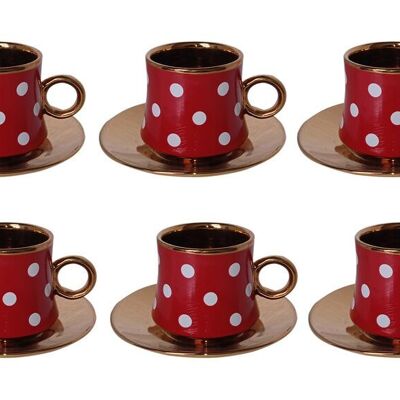 Ensemble de 6 tasses en céramique rouge à pois blancs et assiettes dorées dans un coffret cadeau DF-651B