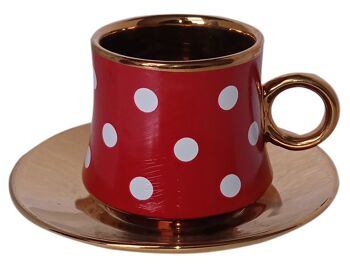 Ensemble de 6 tasses en céramique rouge à pois blancs et assiettes dorées dans un coffret cadeau DF-651B 2