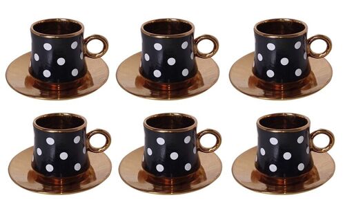 Set of 6 ceramic cups black with white dots and gold plates in a gift box DF-651C