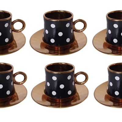 Set di 6 tazze in ceramica nera con pois bianchi e piatti dorati in confezione regalo DF-651C