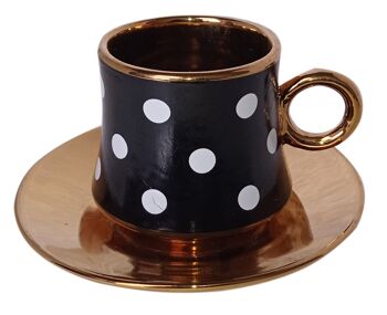 Ensemble de 6 tasses en céramique noire à pois blancs et assiettes dorées dans un coffret cadeau DF-651C 2