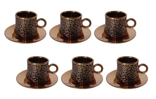 Set of 6 black ceramic cups with gold details and gold saucers in a gift box DF-654