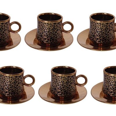 Set of 6 black ceramic cups with gold details and gold saucers in a gift box DF-654