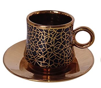Ensemble de 6 tasses en céramique noire avec détails dorés et soucoupes dorées dans un coffret cadeau DF-654 2
