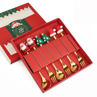 Set natalizio di 6 cucchiai - forchette con Babbo Natale, albero di Natale e cappello. Dimensioni confezione: 19x18x2 cm MB-2661