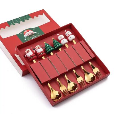 Set de Noël composé de 6 cuillères - fourchettes avec Père Noël, sapin de Noël et bonhomme de neige. Taille du paquet : 19x18x2 cm MB-2662