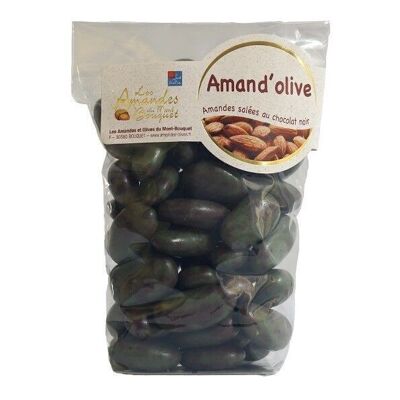 Mandeloliven 150g – Gesalzene geröstete Mandeln umhüllt von dunkler Schokolade mit Olivenöl