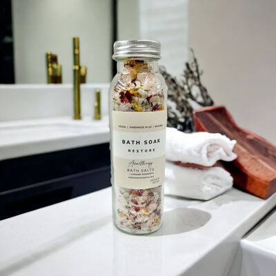 Badesalzflasche und Badesalzbeutel, Aromatherapie-Badesalzglas, Badesalz mit ätherischen Ölen