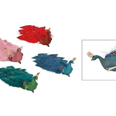 Pavone con clip in plastica, piuma multicolore 4 volte, (L / A / P) 27x14x7cm