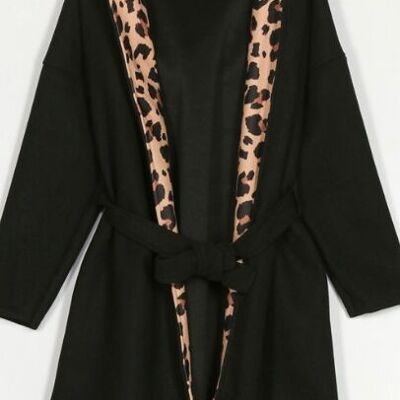 BLACK LEOPARD CLOTH COAT WITH HOOD