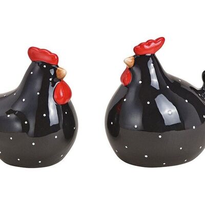 Gallo, pollo in ceramica nera 2 volte, (L / A / P) 15x13x10 cm 11x11x8 cm