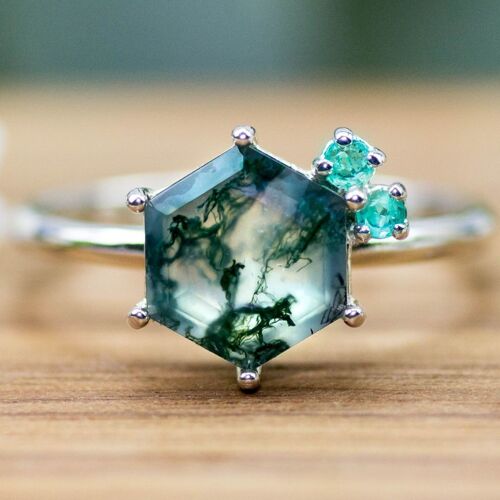 925 Silber Ring | Moosachat & Smaragd