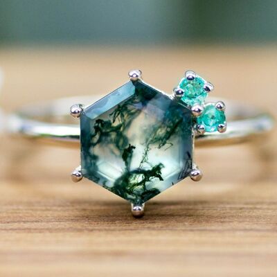 925 silver ring | Moss agate & emerald