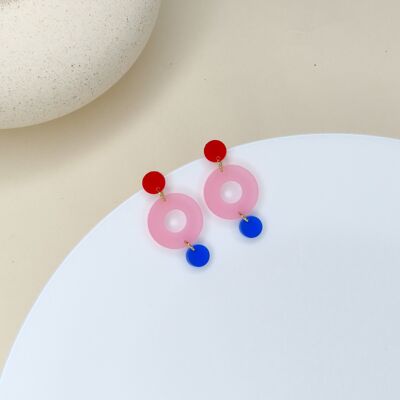 Orecchini a bottone Double Circle Colorblock in rosso, rosa ghiaccio e blu intenso
