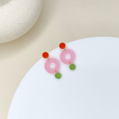 Colorblock Double Circle stud earrings in orange, ice pink and olive transparent