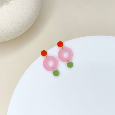 Pendientes Colorblock Double Circle en naranja, rosa hielo y oliva transparente