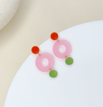 Boucles d'oreilles clous Colorblock Double Circle orange, rose glacier et olive transparent 3