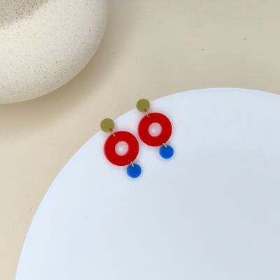 Boucles d'oreilles clous Colorblock Double Circle en sable, rouge et bleu azur