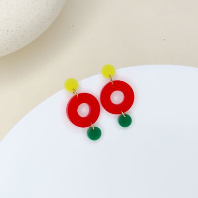Colorblock Double Circle stud earrings in yellow, red and frog green
