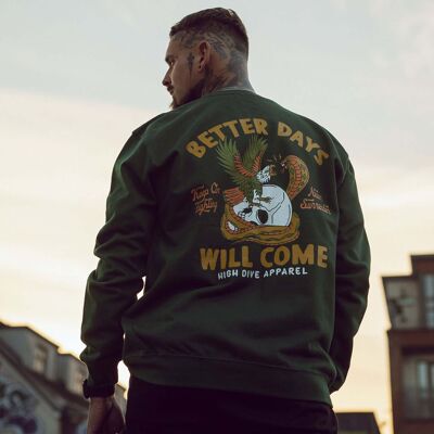 Flaschengrüner Pullover von Better Days – alternativer, von Skateboard und Tattoo inspirierter Pullover mit Rundhalsausschnitt