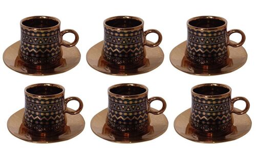 Set of 6 ceramic cups black with gold details and gold plates in a gift box DF-653B