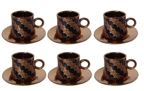 Set of 6 black ceramic cups with gold details and gold saucers in a gift box DF-653D