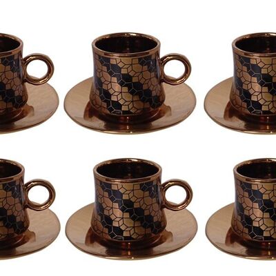 Set di 6 tazze in ceramica nera con dettagli dorati e piattini dorati in confezione regalo DF-653D