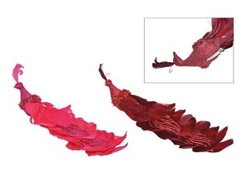 Paon avec clip en plastique, plumes Bordeaux, rose 2 volets, (L/H/P) 34x10x10cm