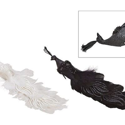 Peacock with clip made of plastic, feather black, white 2-fold, (W / H / D) 34x10x10cm
